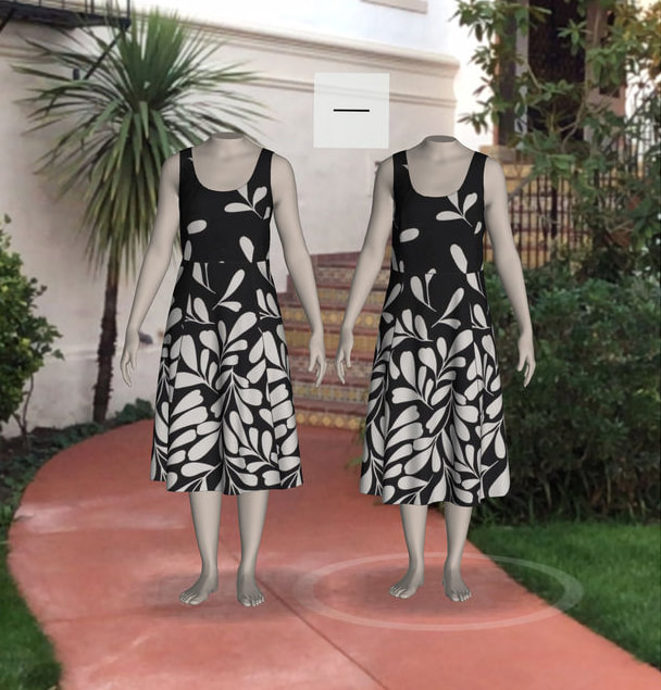 Two digital avatars wearing different sizes of a strapless, knee length, black dress with white leaf pattern. Links to AR virtual try on page.