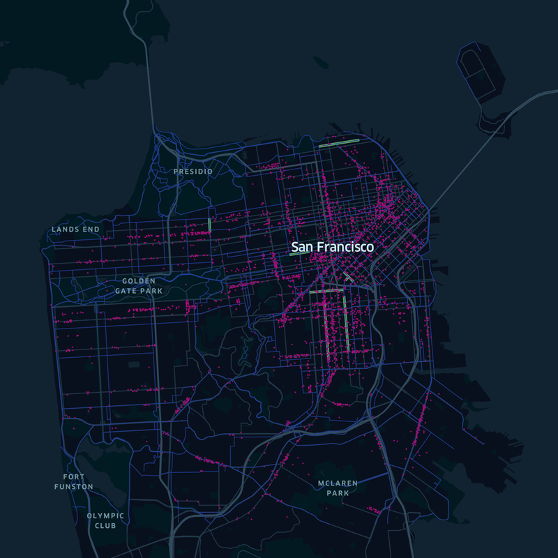 Black minimalist map of San Francisco with pink dots representing locations with bicycle parking. Links to Cartography page.