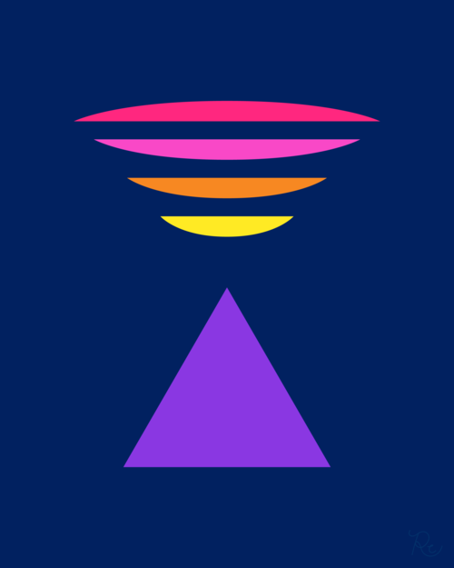 Large purple triangle on the bottom and minimal depiction of a lenticular cloud in pink, orange and yellow sunset colors on top with a navy background. Links to Illustration + Art page.