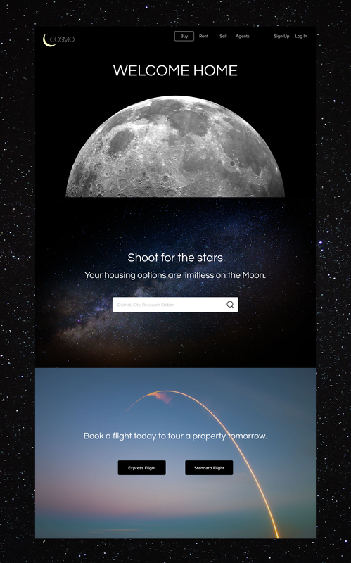 Conceptual website for an interplanetary real estate company advertising homes on the Moon. Links to Mobile + Web UI page.