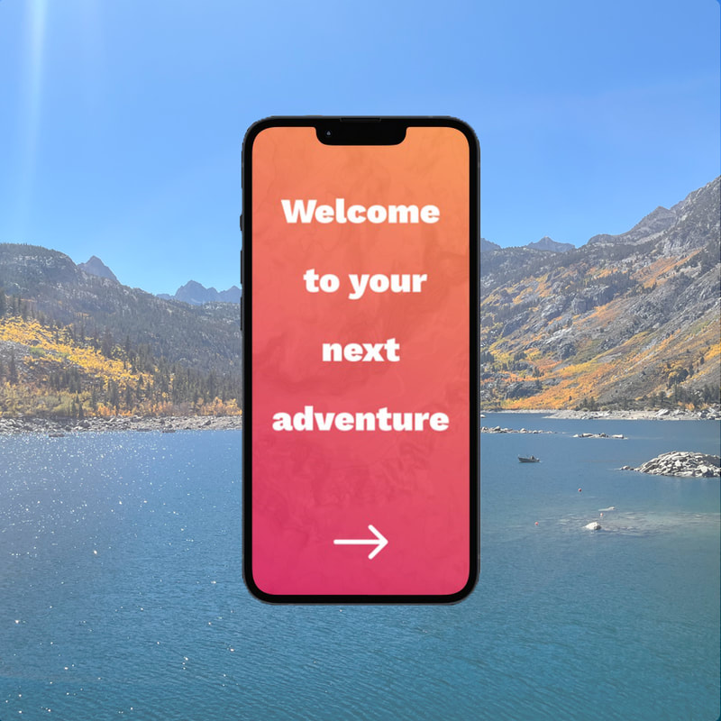 Black iPhone with white text that says "Welcome to your next adventure" and a right pointing arrow on top of an orange to pink vertical gradient. The background behind the iPhone is a photo of an alpine lake with mountains and trees with yellow and orange leaves. Links to Rove: Trip Planning App page.