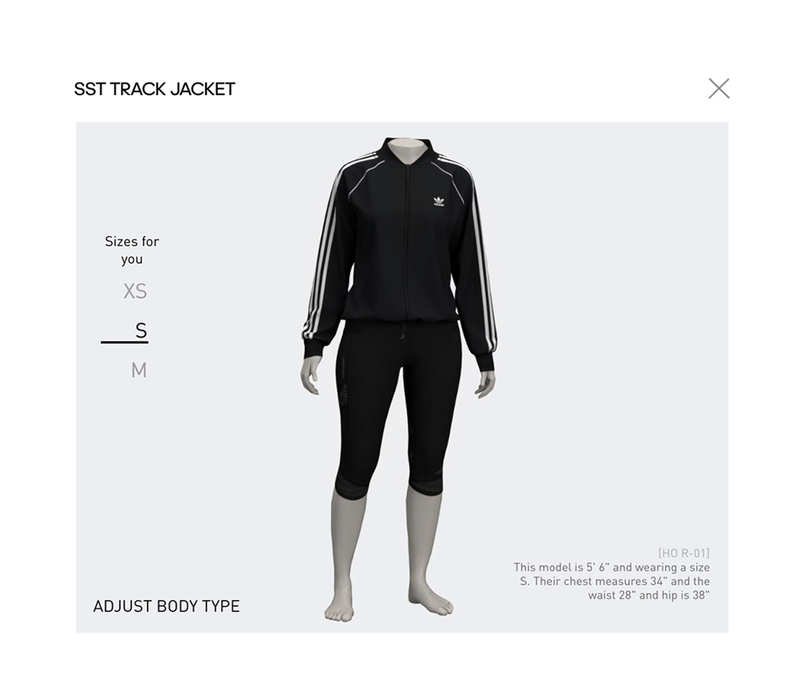 Digital avatar wearing black Adidas track jacket and black knee length leggings. Links to Web + mobile virtual try on page.