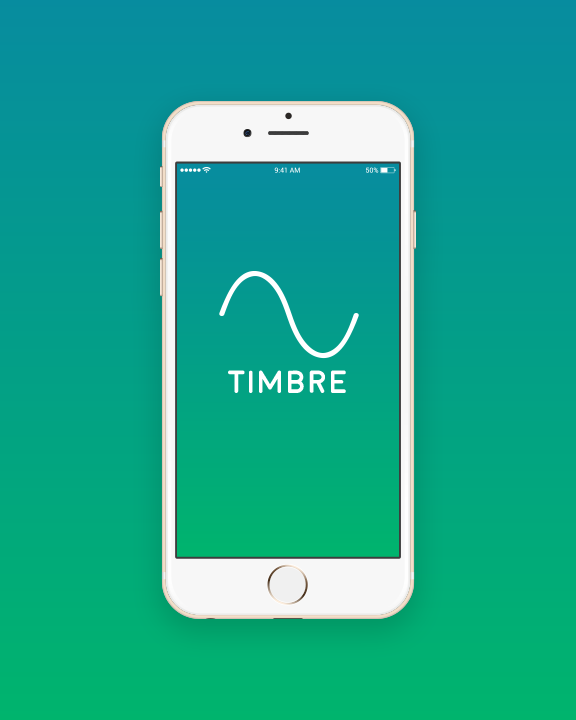 White iPhone with blue to green vertical gradient, white minimalist wave logo, and white text in all caps that says "TIMBRE". Links to Mobile product design page.