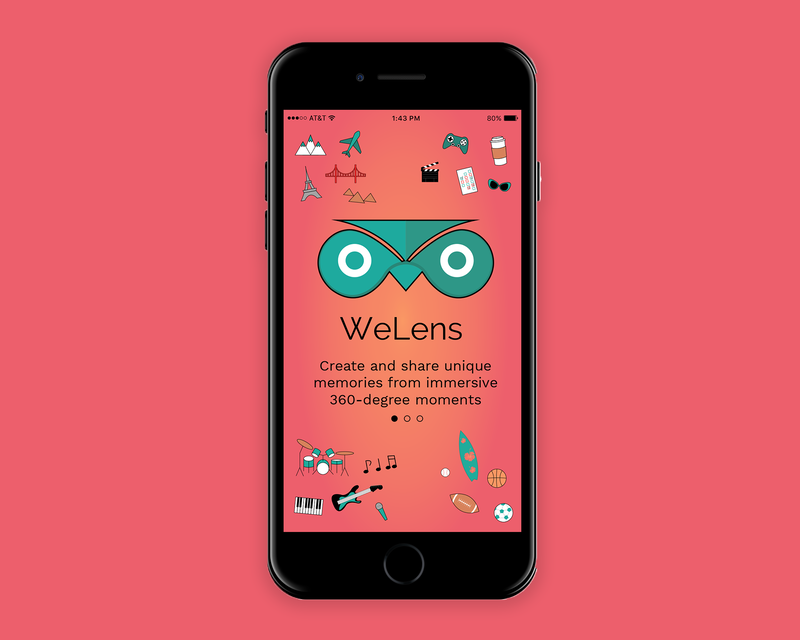 Black iPhone with large teal owl, black text that says "WeLens", onboarding text and grouped icons. Links to UX design page.